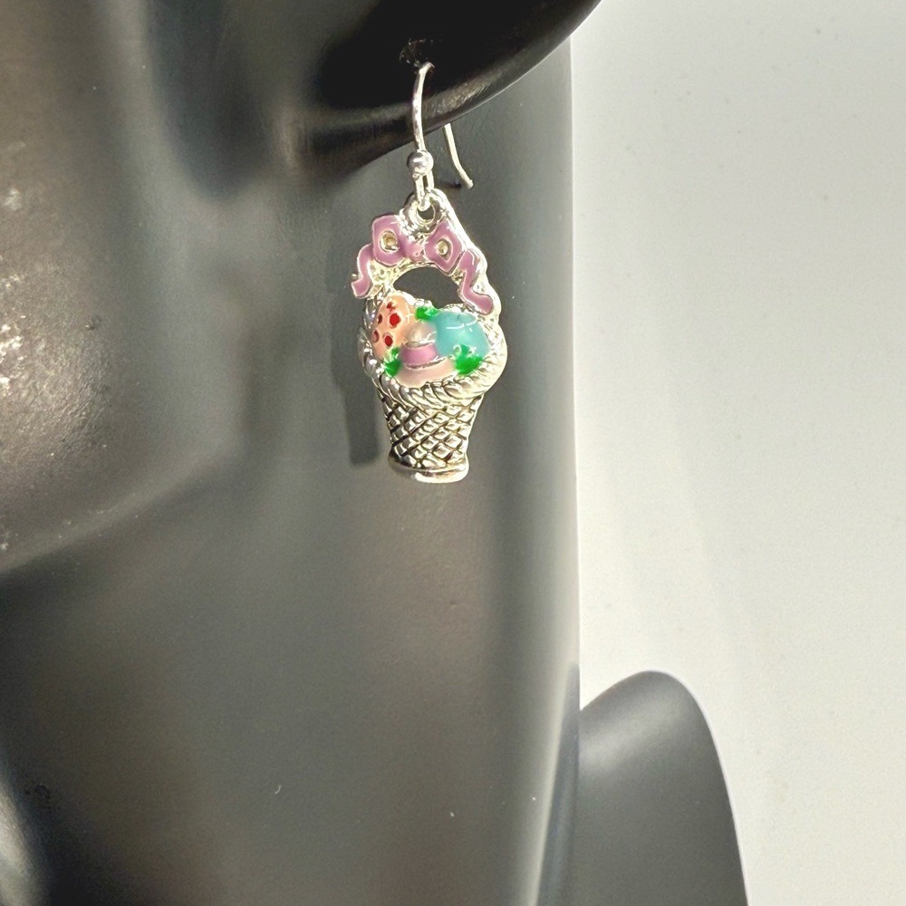Easter Basket Drop Earrings Silver Tone Enamel‎ Pastel Eggs Bow Spring Jewelry